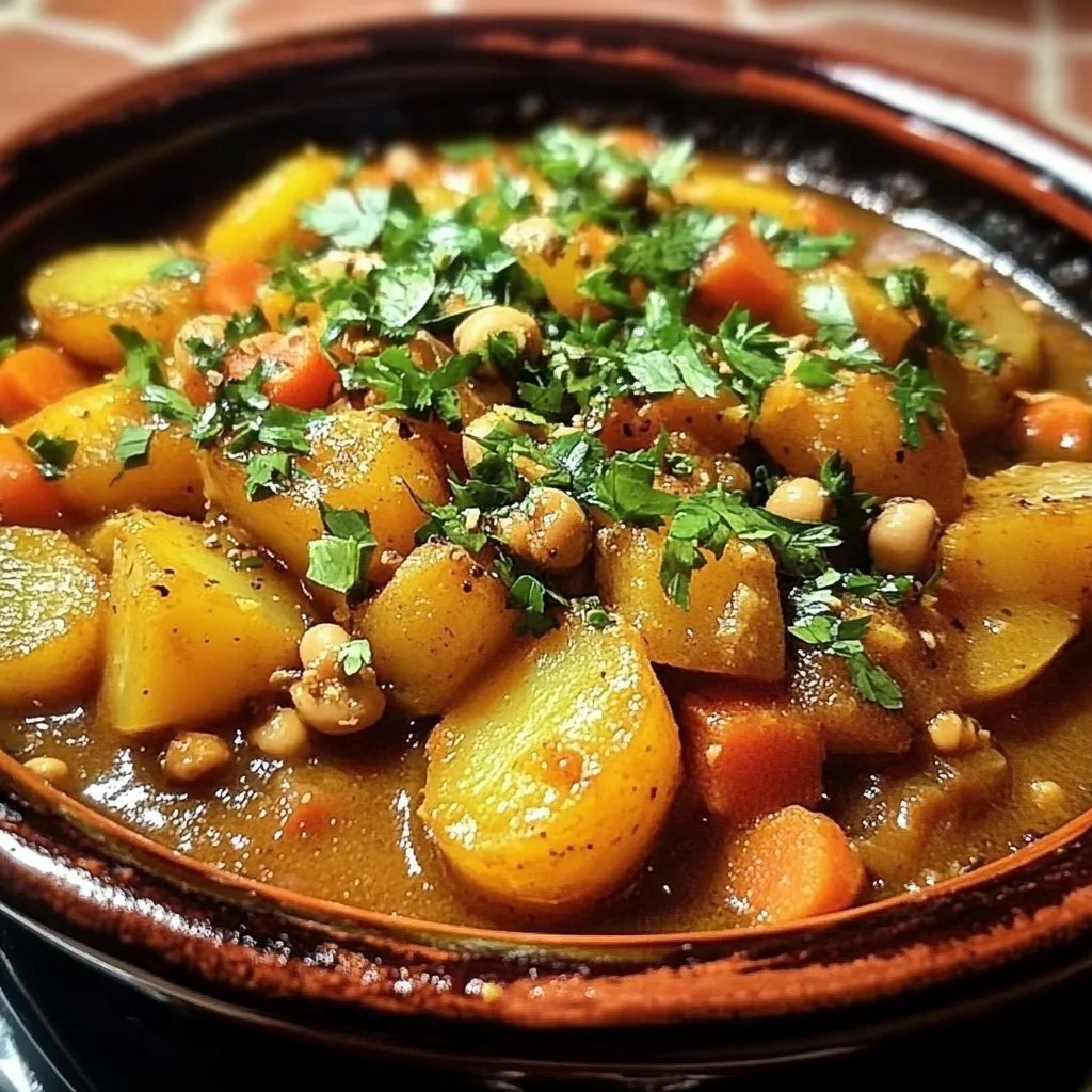Bowl of Moroccan potato stew garnished with fresh herbs and spices