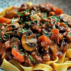 Delicious Mushroom Ragu served in a bowl garnished with herbs and spices.