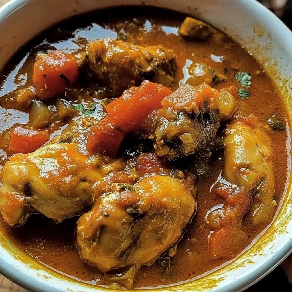 A bowl of delicious Nigerian Chicken Stew garnished with fresh herbs and spices.