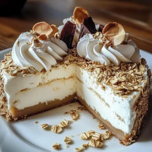 Slice of Oatmeal Cream Pie Cheesecake topped with cream and oats