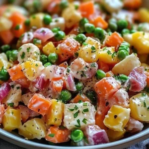 A colorful bowl of Olivier Salad with various ingredients and flavors.
