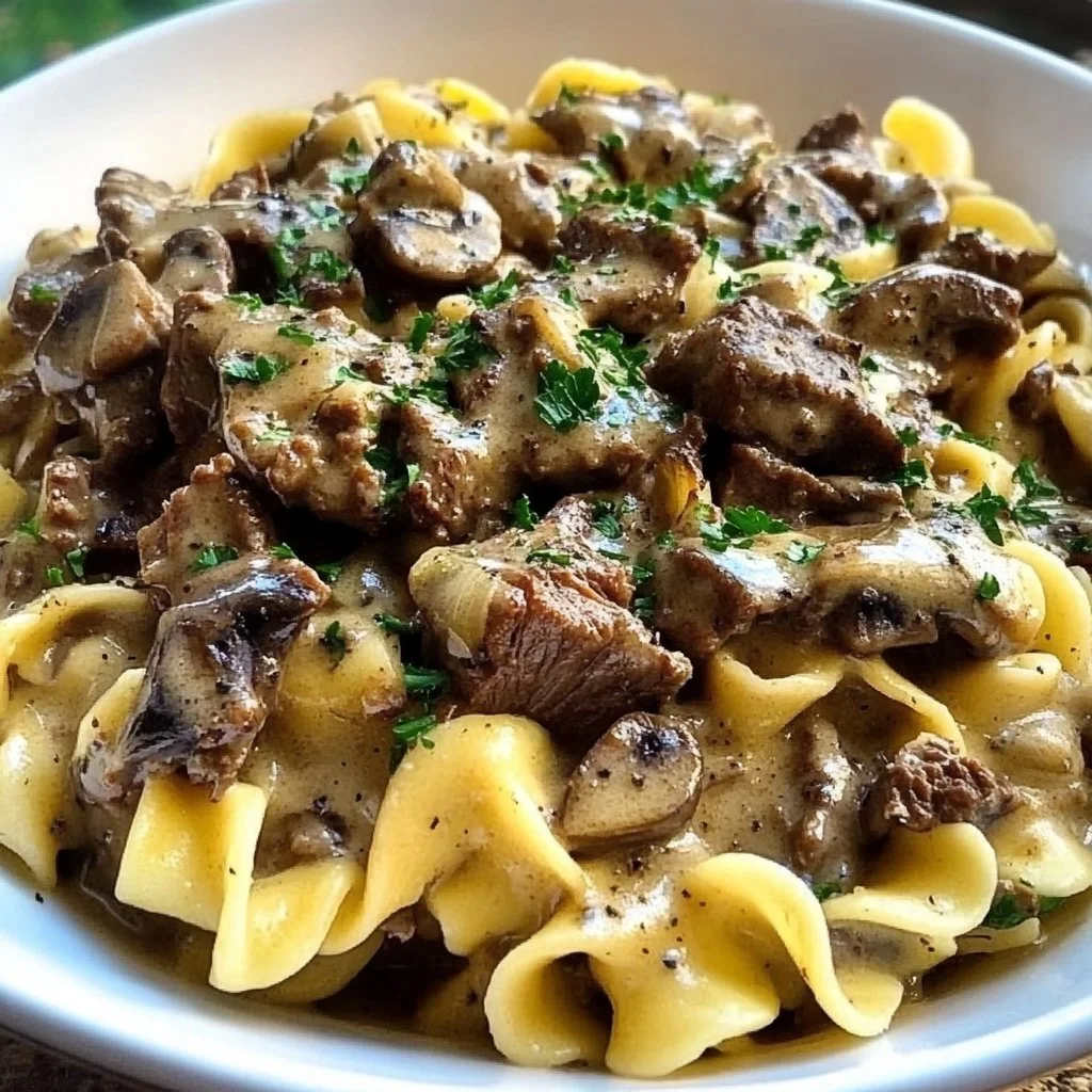 One pot beef stroganoff served with pasta and garnished with parsley