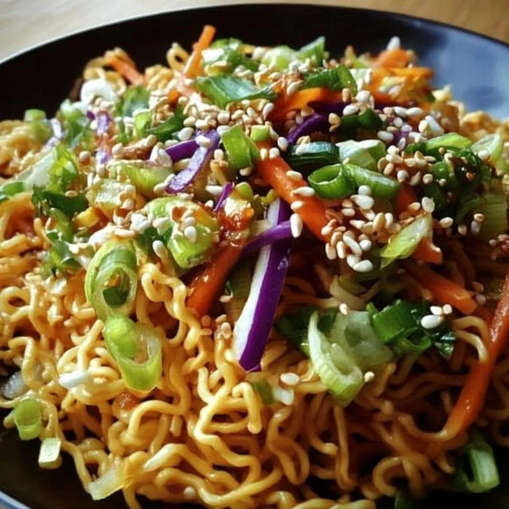 Oriental Ramen Salad with fresh vegetables and dressing on a rustic wooden table.