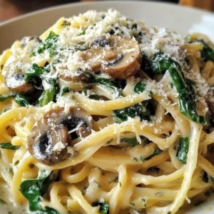Creamy Parmesan Spinach Mushroom Pasta served in a bowl