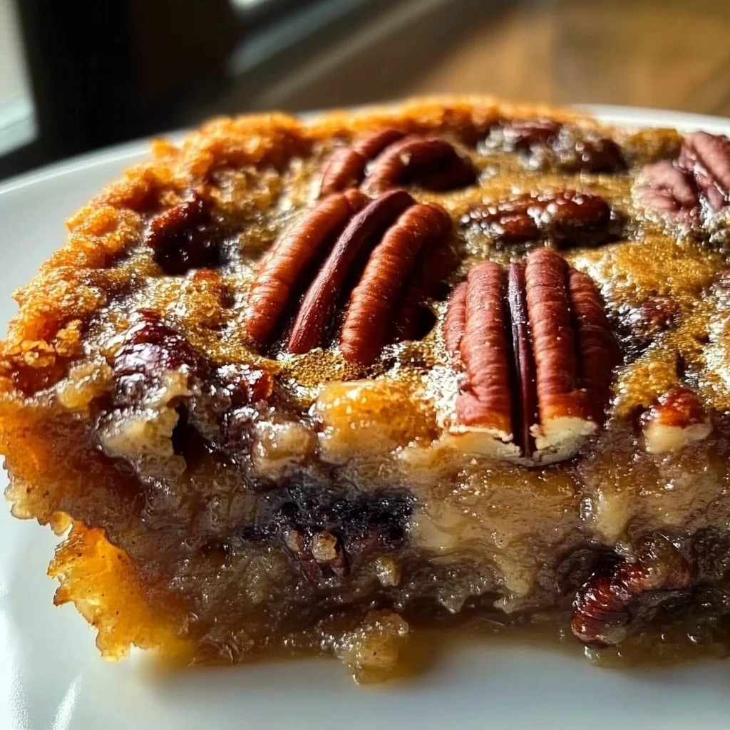 Delicious pecan pie dump cake served with a scoop of vanilla ice cream.