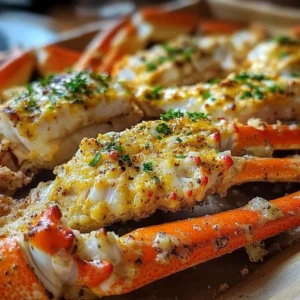 Delicious perfectly baked crab legs served with garlic butter and lemon.
