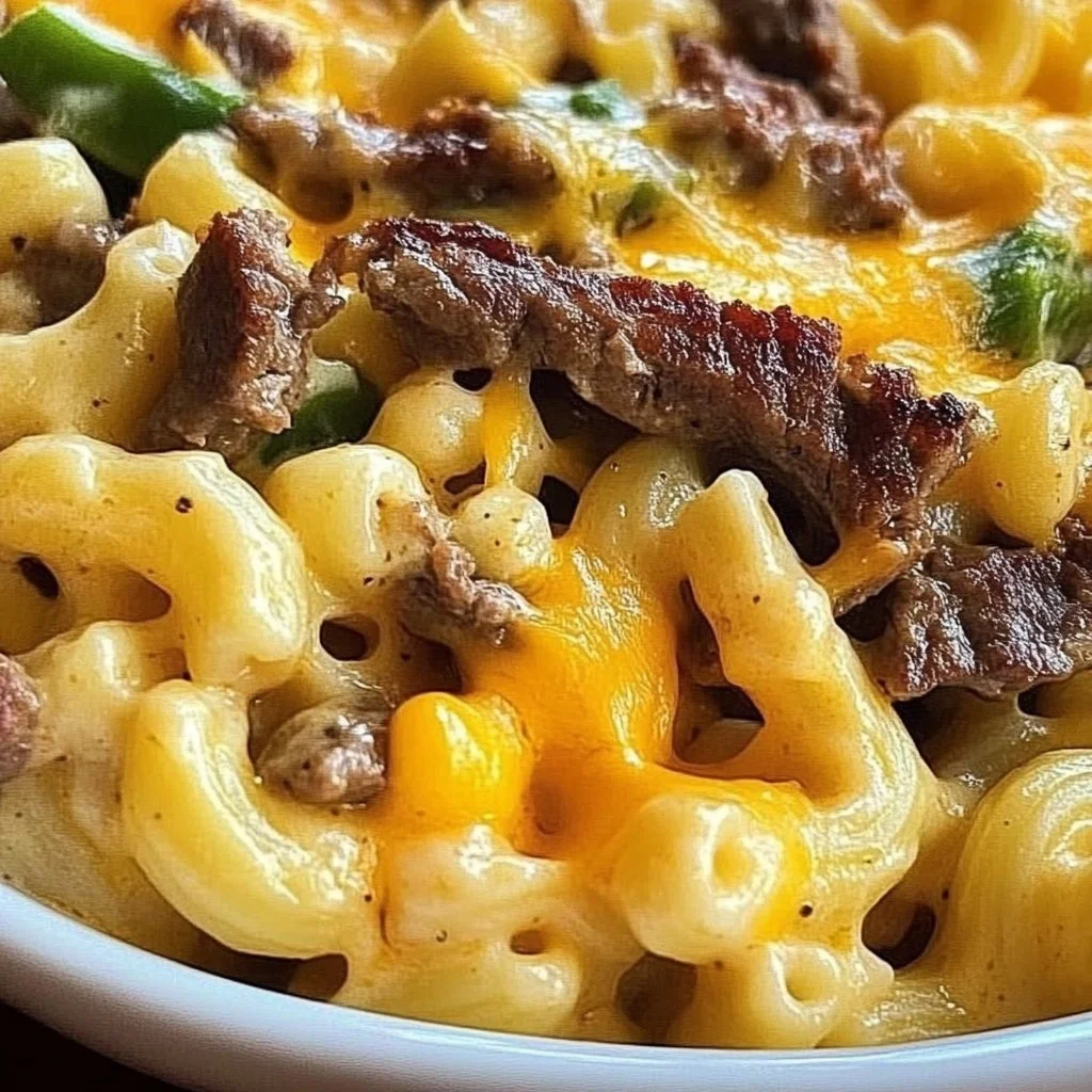 Delicious Philly Cheesesteak Mac and Cheese topped with flavorful ingredients.