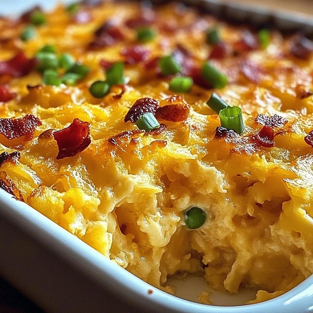 Delicious pimento cheese casserole with hash browns in a baking dish