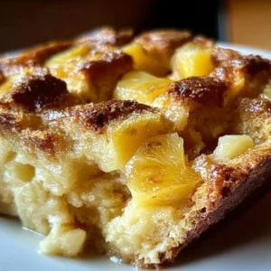 Delicious pineapple banana bread pudding served in a dish