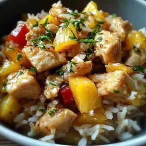 Plate of Pineapple Chicken Rice garnished with fresh herbs and pineapple chunks.