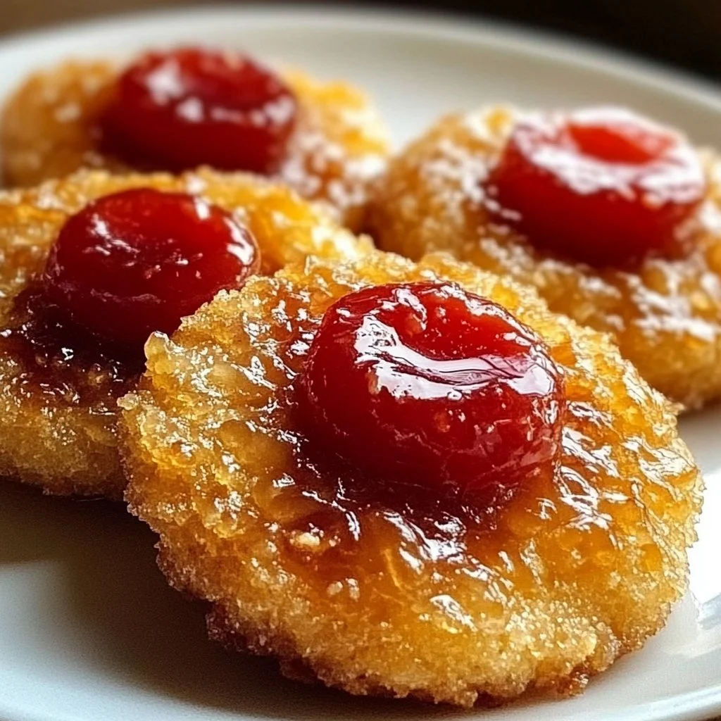 Delicious pineapple upside down cookies on a baking sheet
