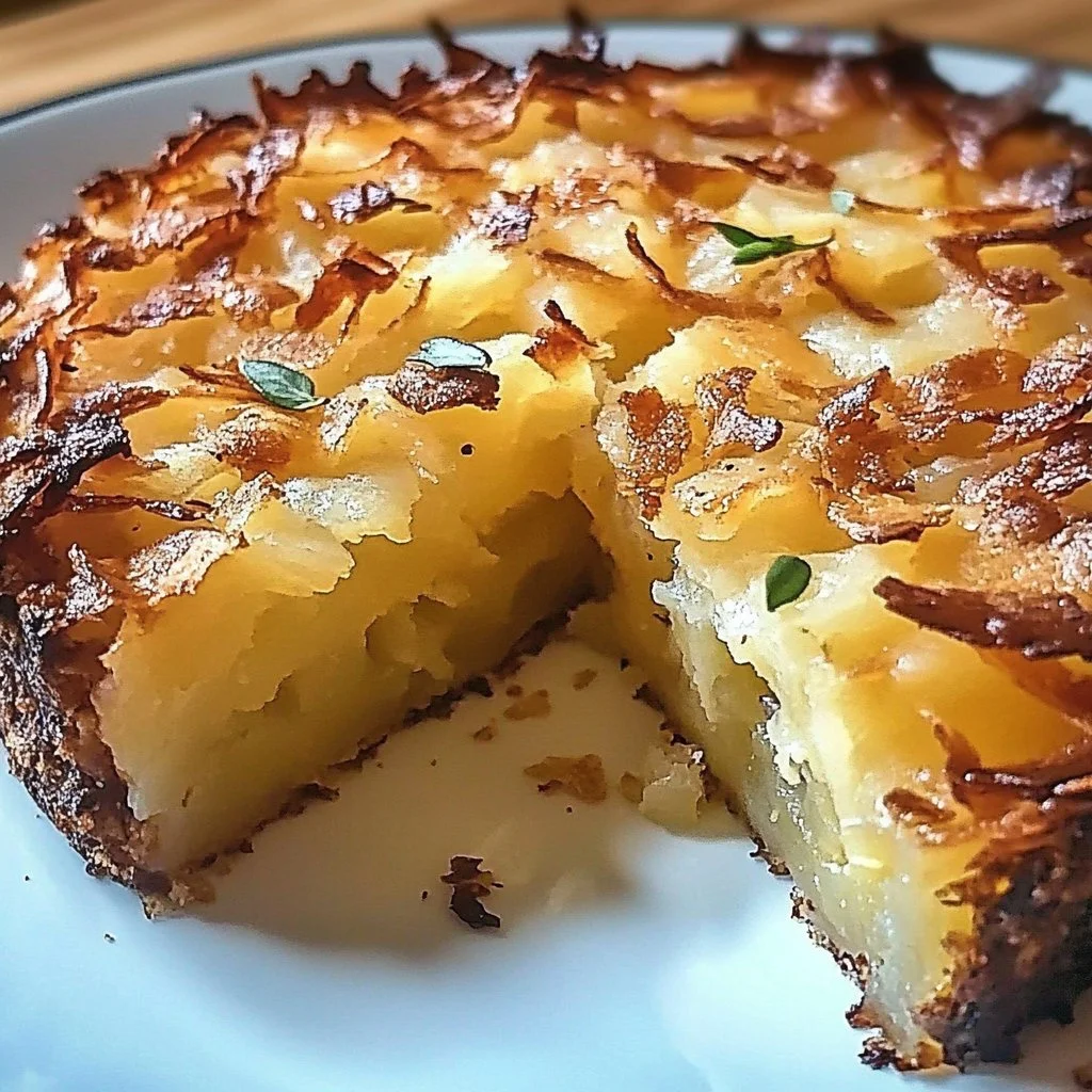 Slice of Potthucke German potato cake on a plate with herbs