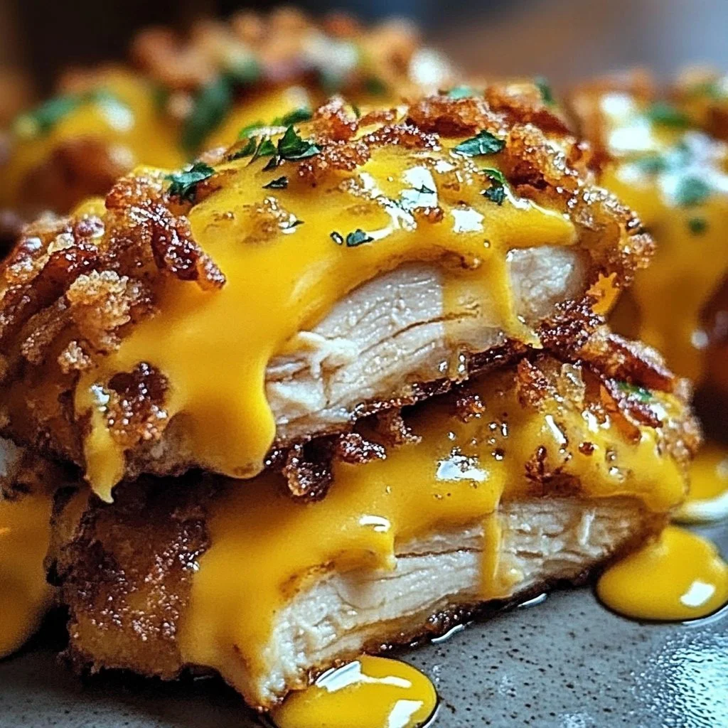 Mustard cheddar pretzel chicken dish with a crispy crust and savory flavor