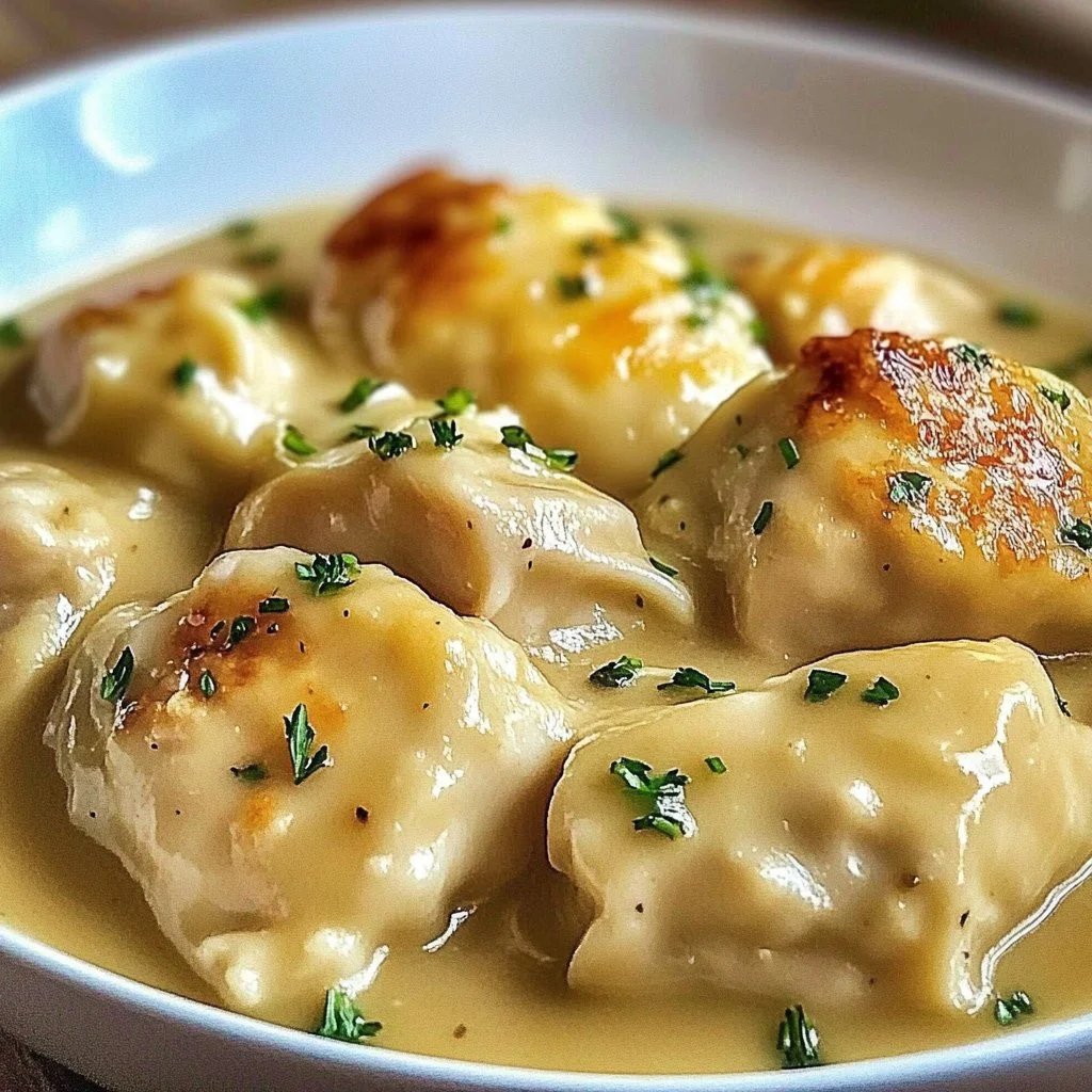 Quick chicken dumplings served in a bowl with herbs and broth