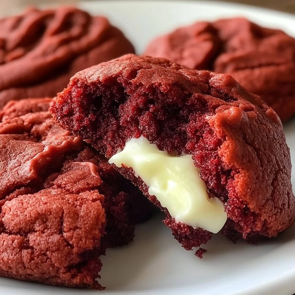 Delicious red velvet cookies with cream cheese frosting on a plate
