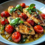 Delicious Romantic Chicken with cherry tomatoes and basil on a plate.