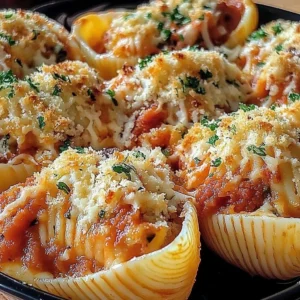 Delicious Seafood Stuffed Shells filled with shrimp and crab, baked to perfection.