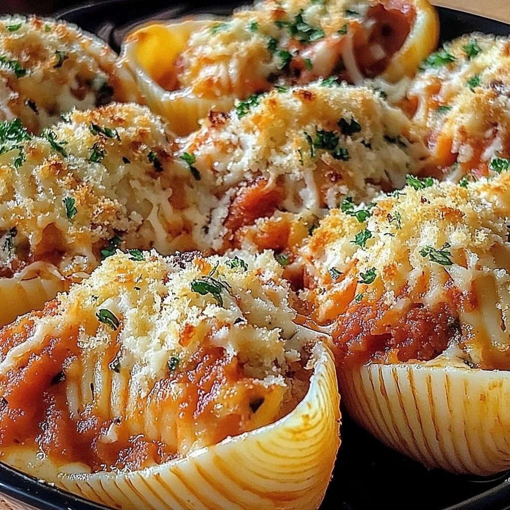 Delicious Seafood Stuffed Shells filled with shrimp and crab, baked to perfection.
