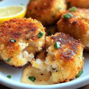 Shrimp cakes served with lemon aioli and herbs on a plate.