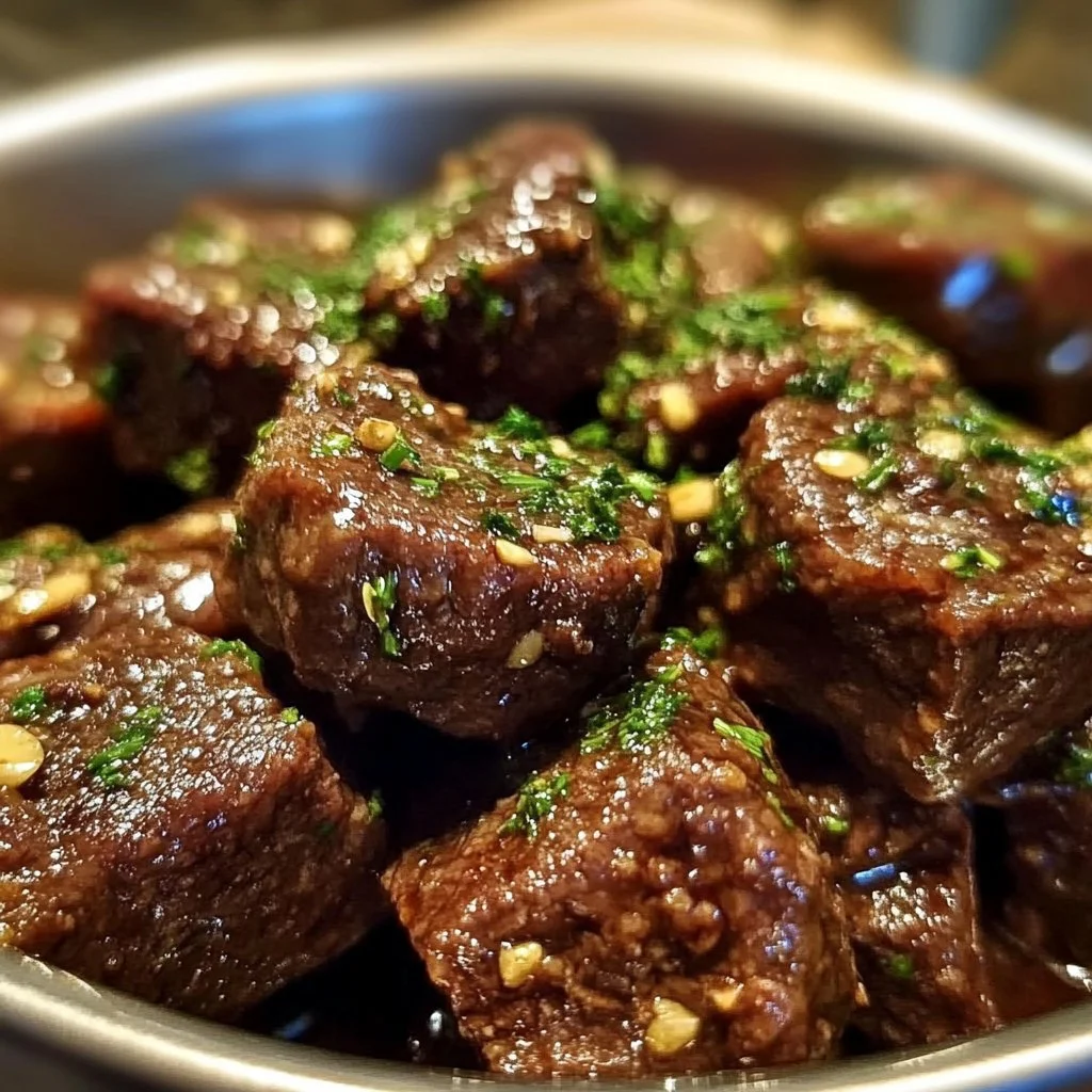 Slow Cooker Garlic Butter Beef Bites served on a plate