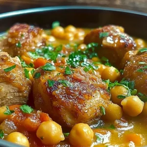 Slow cooker Moroccan Chicken with chickpeas served in a vibrant dish.