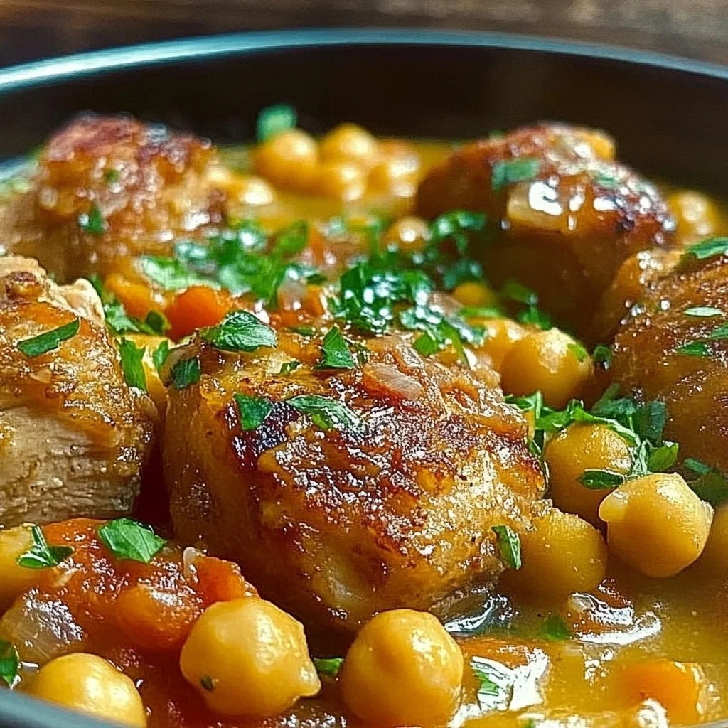 Slow cooker Moroccan Chicken with chickpeas served in a vibrant dish.