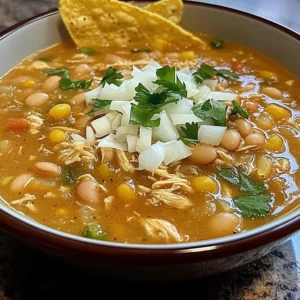 Slow cooker white chicken chili with beans in a bowl garnished with cilantro