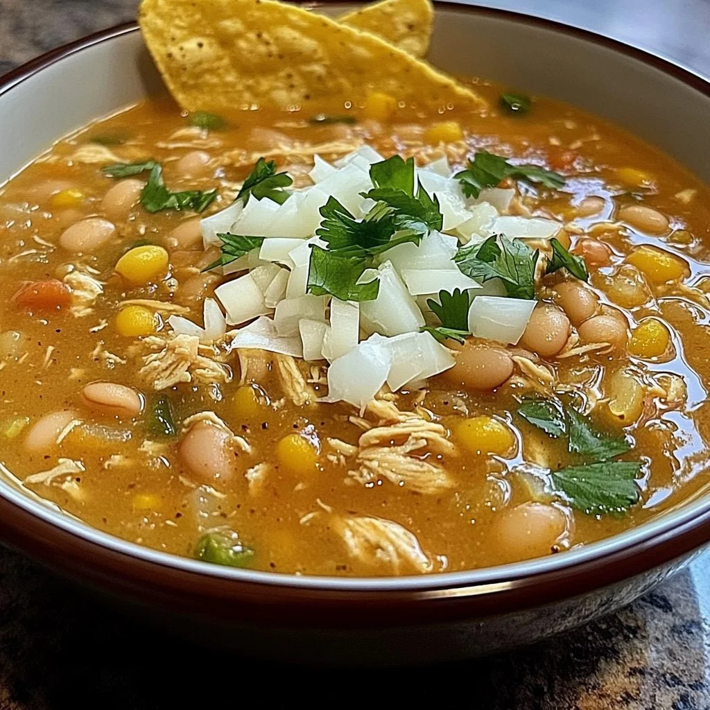 Slow cooker white chicken chili with beans in a bowl garnished with cilantro