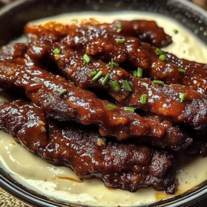 Delicious smoky BBQ beef strips with creamy buttermilk sauce on a platter.