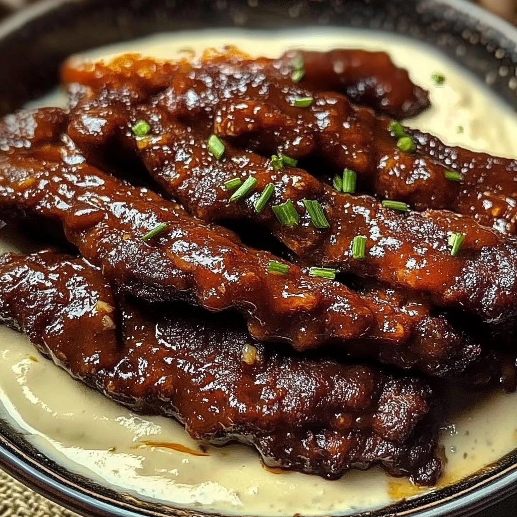 Delicious smoky BBQ beef strips with creamy buttermilk sauce on a platter.