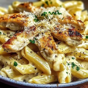 Delicious Southern Style Creamy Parmesan Chicken Pasta served in a bowl with herbs