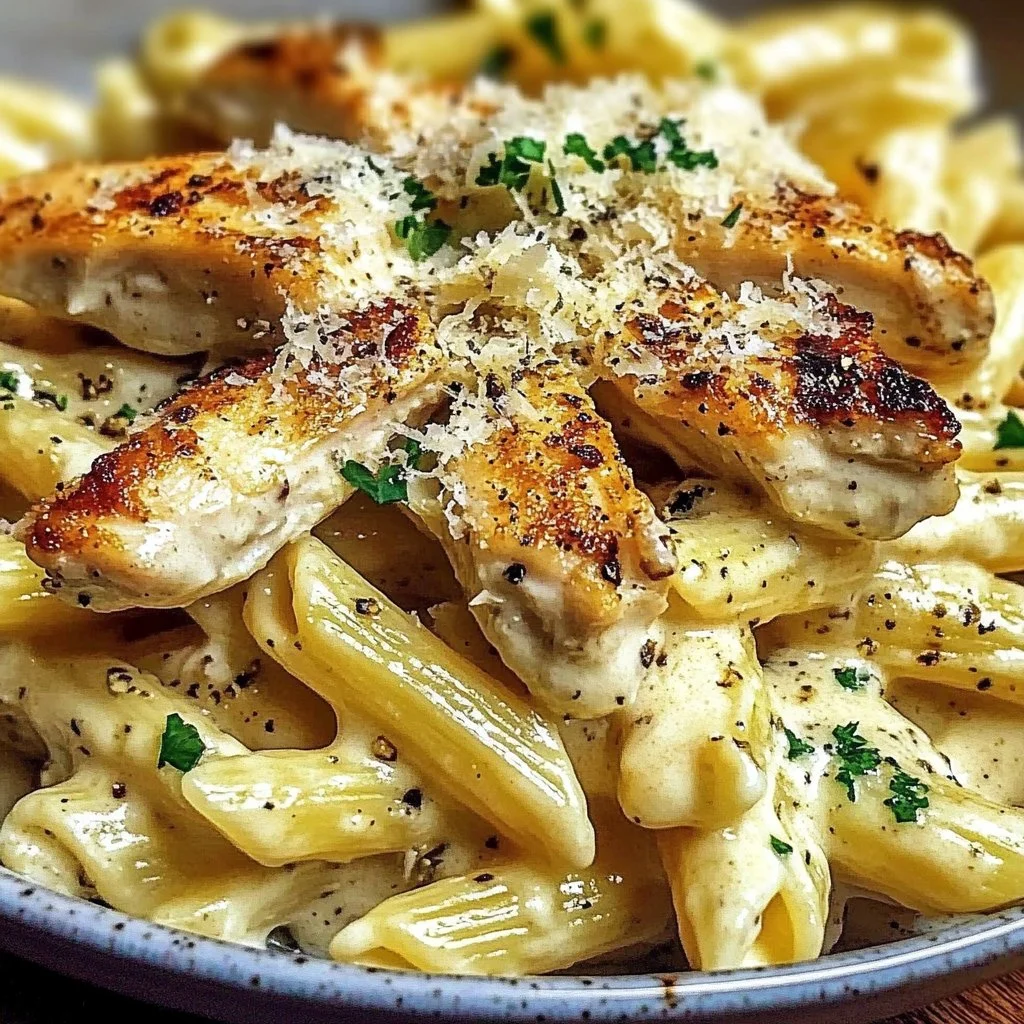 Delicious Southern Style Creamy Parmesan Chicken Pasta served in a bowl with herbs