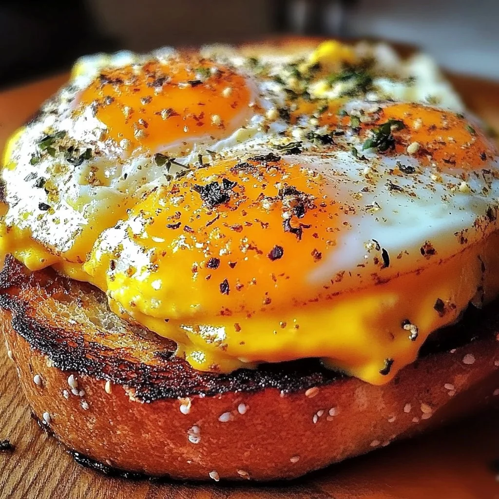 Delicious spiced egg muffin toast topped with herbs and spices.