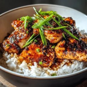 Plate of Spicy Maple Chicken served with Coconut Rice and garnished with herbs