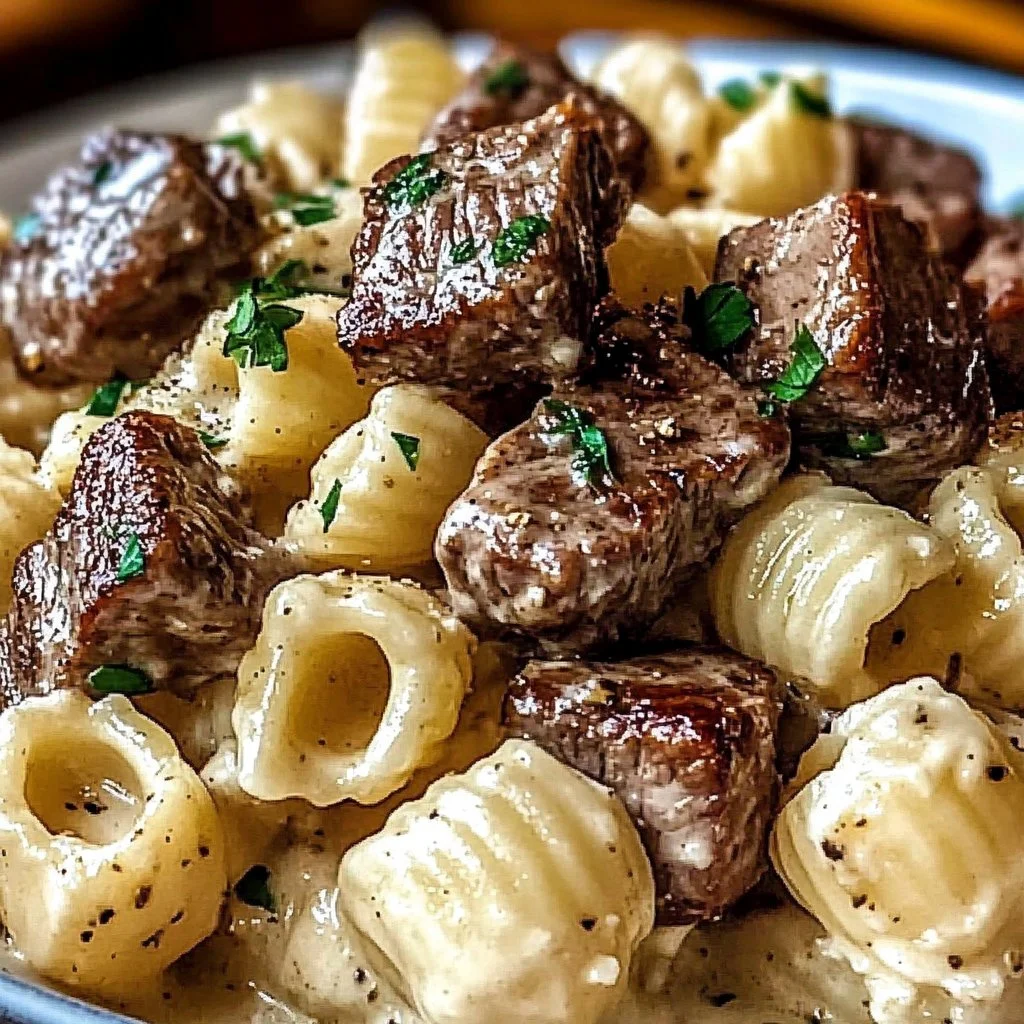 Steak bites served with shell pasta in garlic butter Alfredo sauce