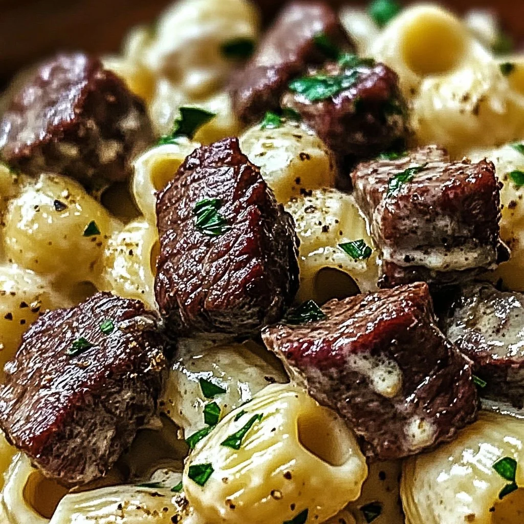 Steak Bites and Shell Pasta in Garlic Butter Alfredo Sauce