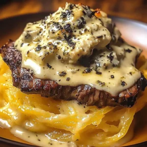 Delicious Steak Gorgonzola Alfredo served over spaghetti squash
