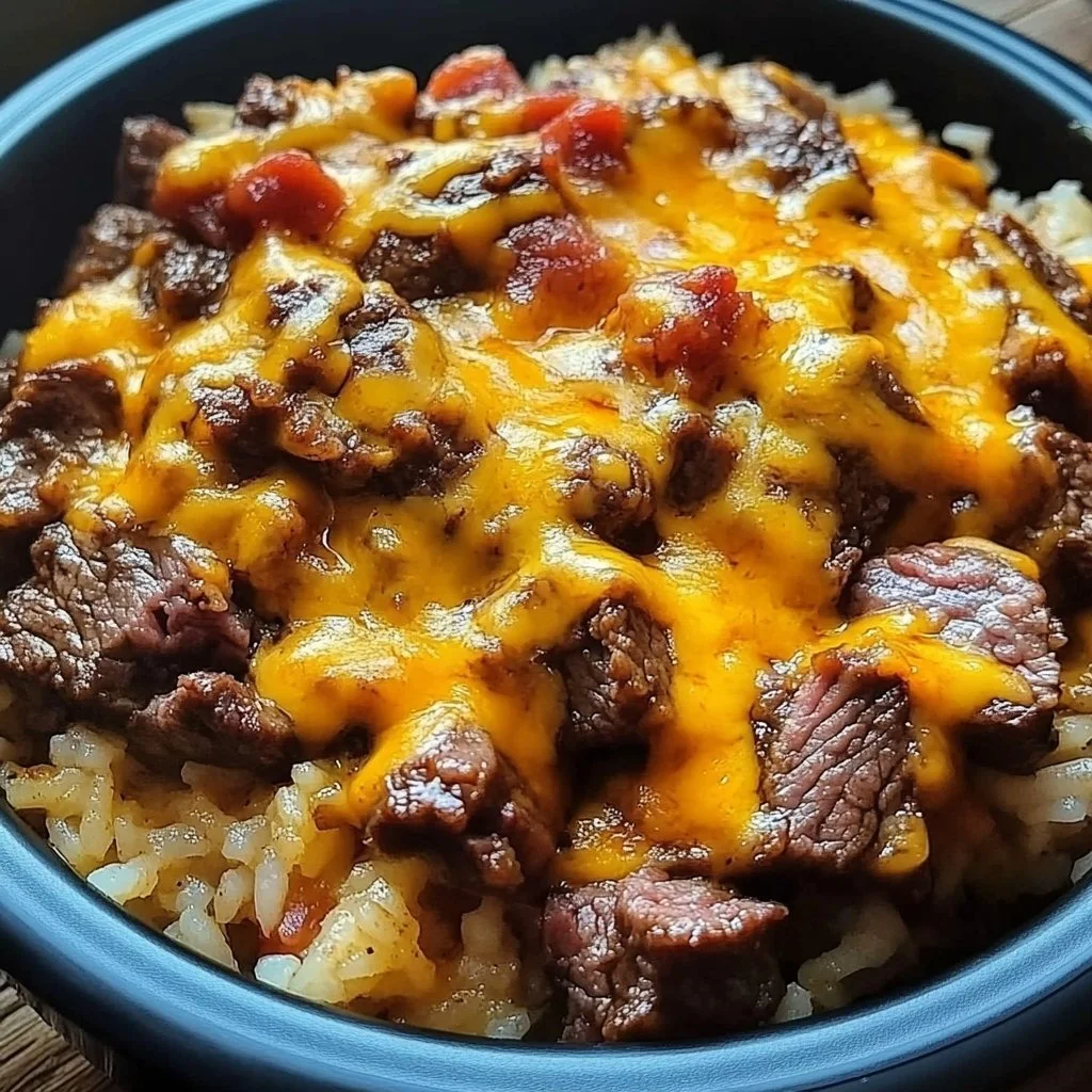 Delicious steak queso rice dish served with toppings in a vibrant bowl