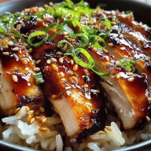 Delicious Sticky Chicken Rice Bowls topped with fresh herbs and sauce