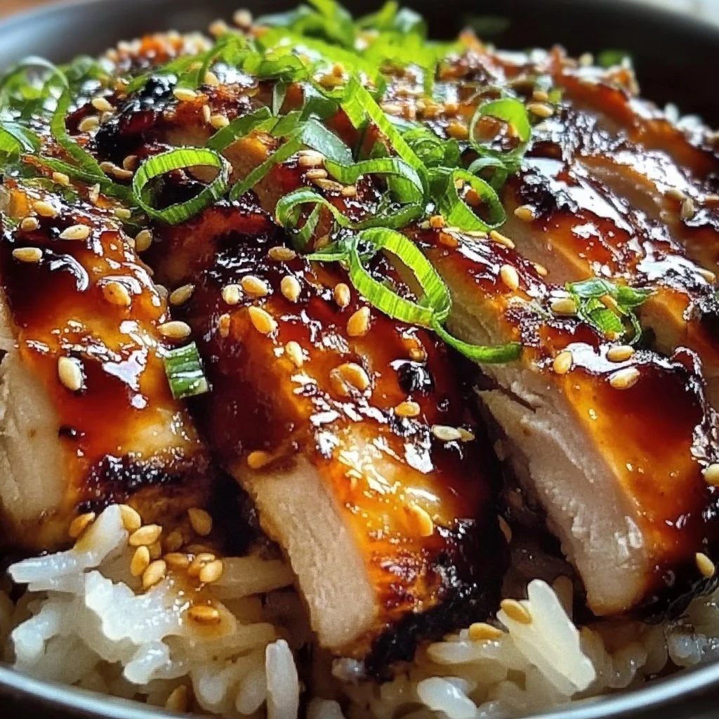 Delicious Sticky Chicken Rice Bowls topped with fresh herbs and sauce