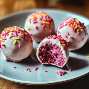 Delicious strawberry cake truffles displayed on a decorative plate.