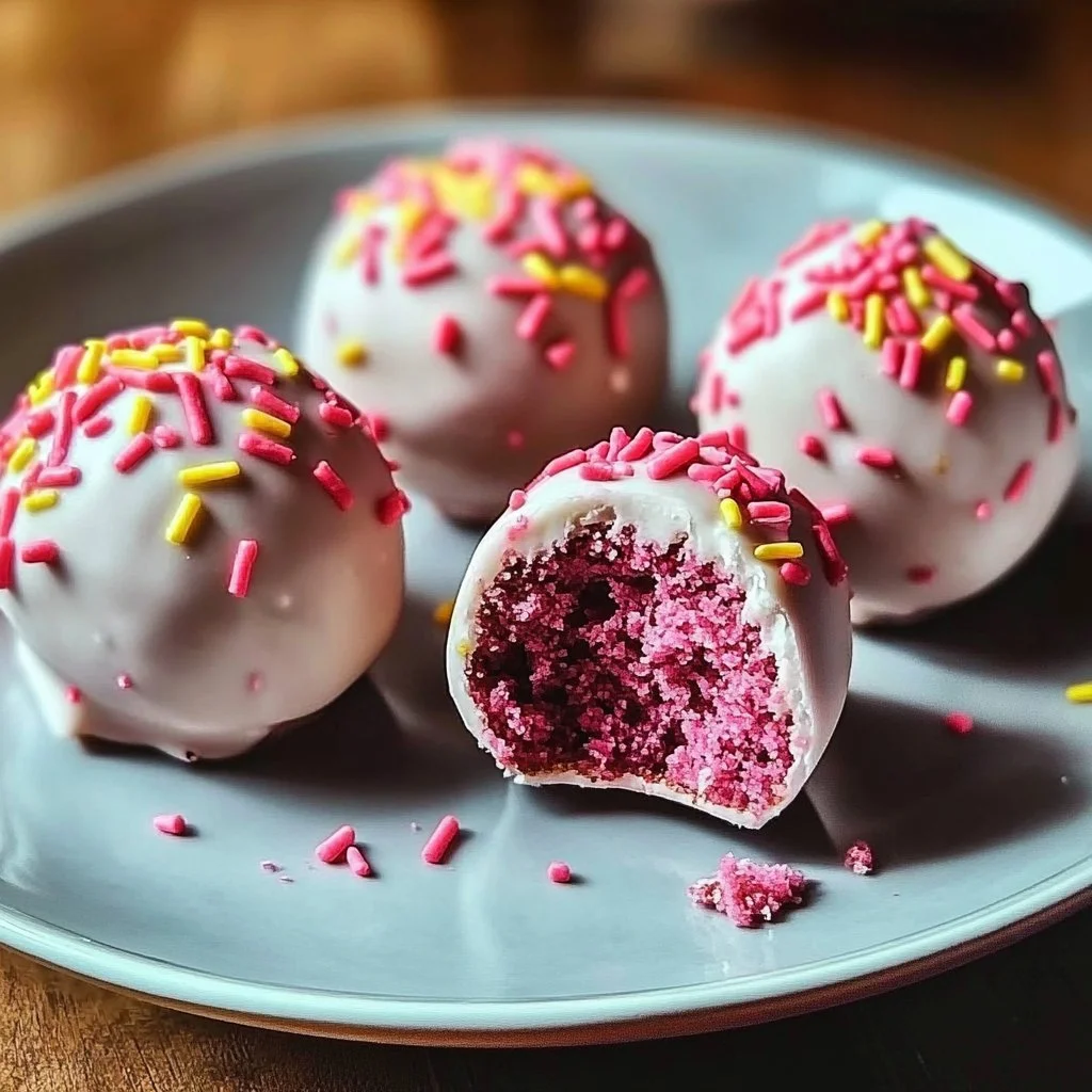 Delicious strawberry cake truffles displayed on a decorative plate.