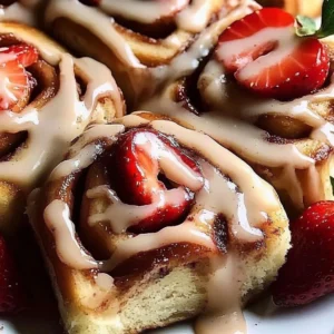 Delicious strawberry cinnamon rolls topped with icing and fresh strawberries