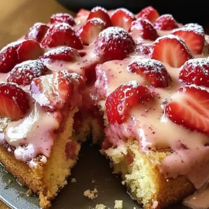 Deliciously baked Strawberry Honeybun Cake topped with sweet glaze and strawberries