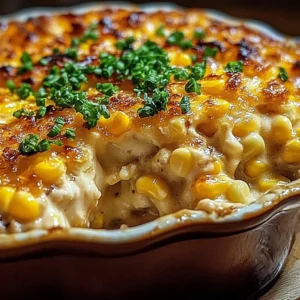 Delicious street corn chicken casserole served in a baking dish.