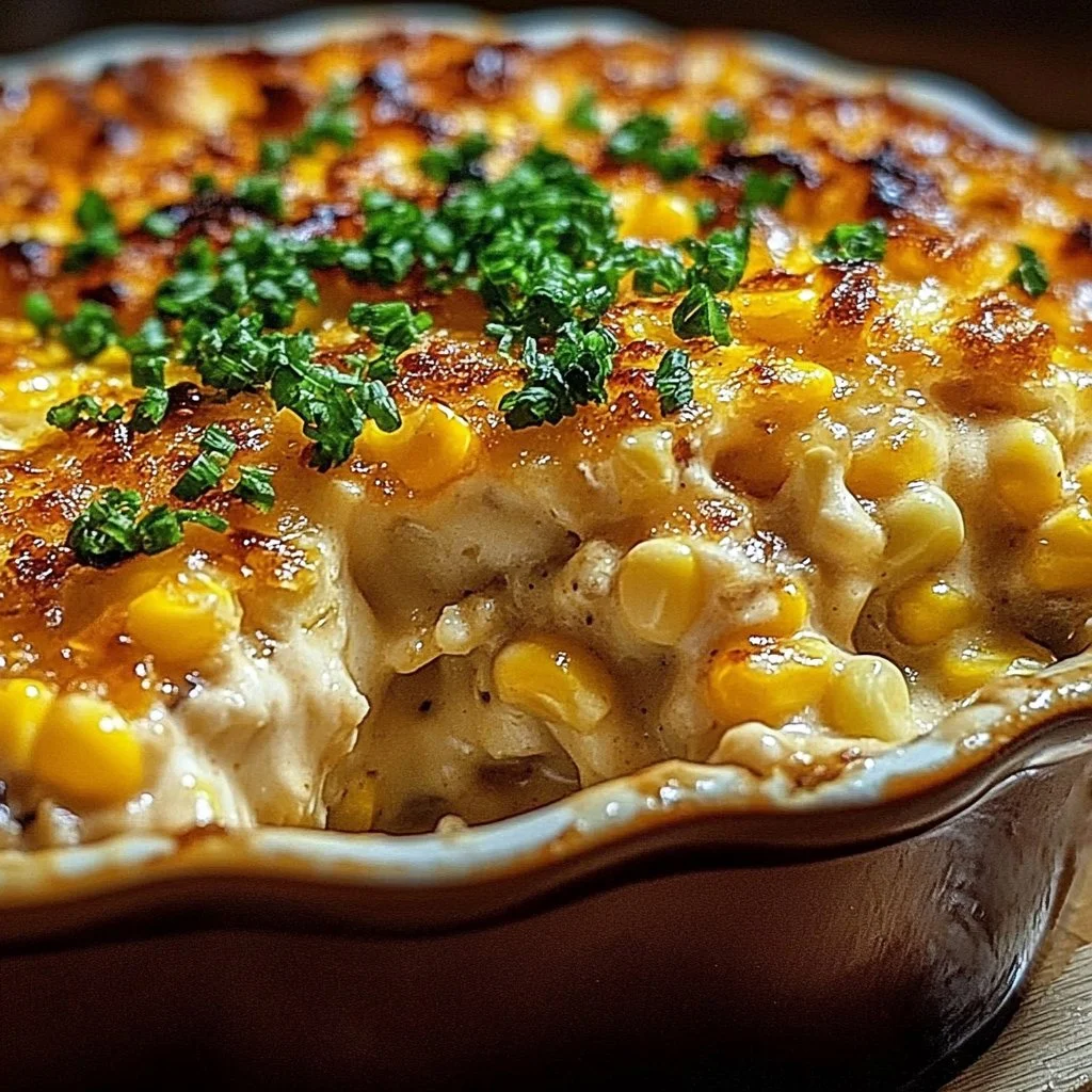 Delicious street corn chicken casserole served in a baking dish.