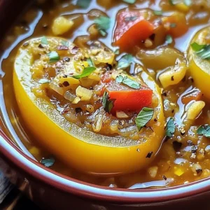 Bowl of delicious Stuffed Banana Pepper Soup garnished with fresh herbs