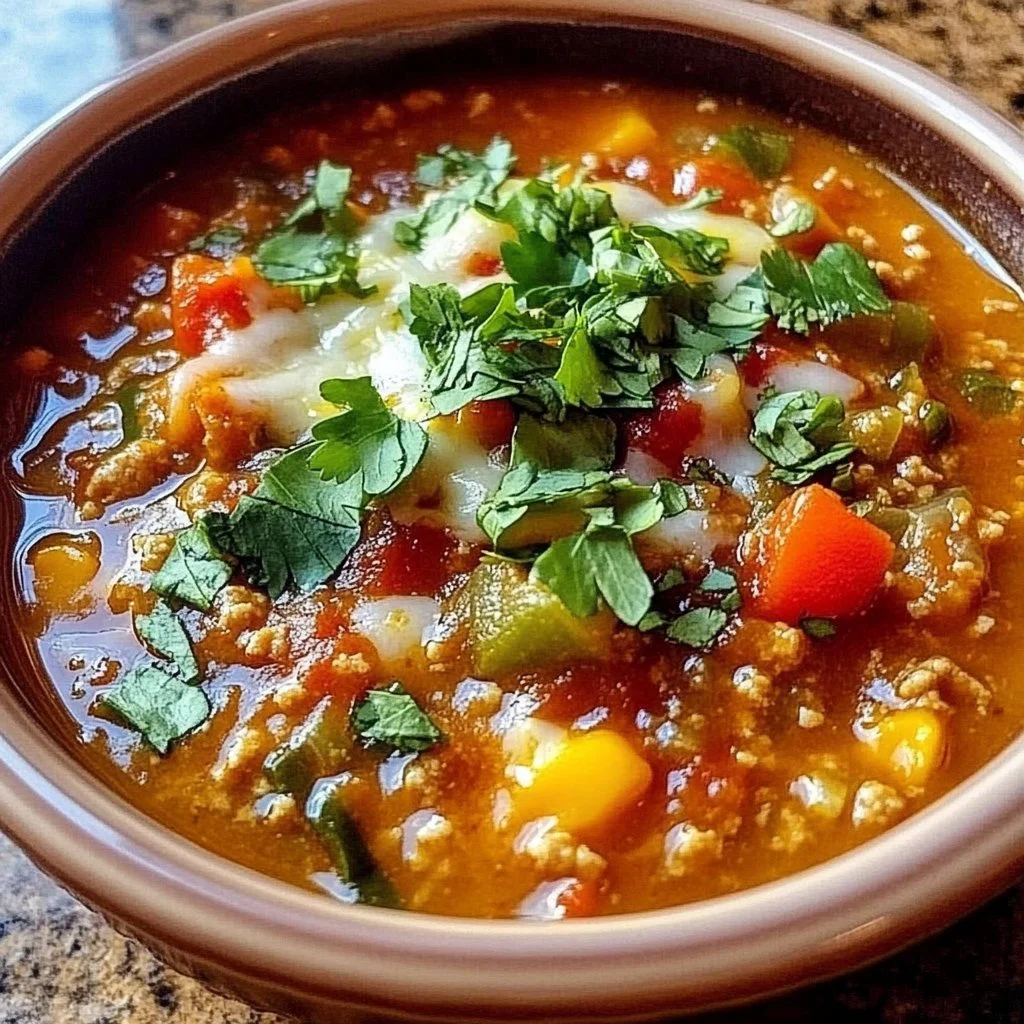 Bowl of stuffed chile soup garnished with fresh herbs and toppings