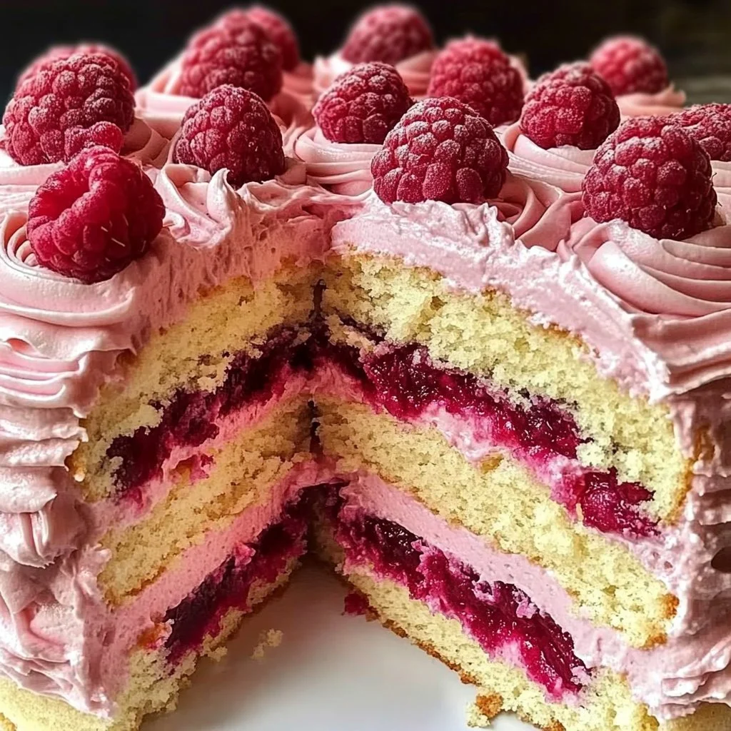 Delicious Sugar Cookie Cake topped with raspberry buttercream frosting.