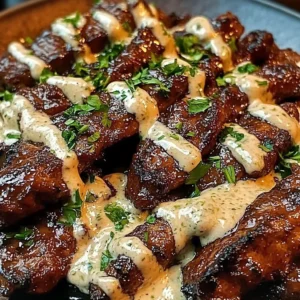 Plate of Sweet Chili Beef Strips with Lime Ranch dressing on the side